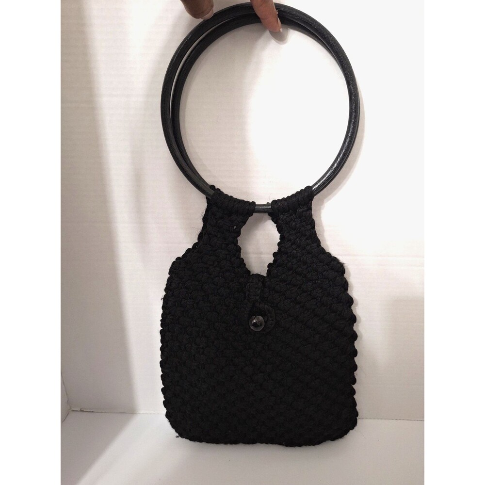VTG Handmade Crochet Shoulder Bag Wood Handles Black Hand Woven Beach Summer Y2K